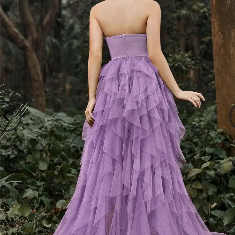 NWOT Elegant Lace Bodice Contrast Split Ruffle Layered Hem Tube Dress. - Picture 4 of 4
